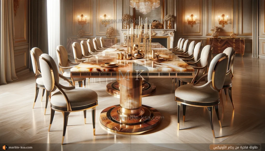 مشهد فاخر لتناول الطعام يضم طاولات مصنوعة من رخام الأونيكس